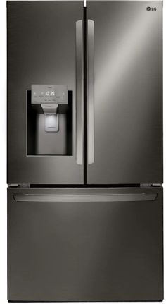 a stainless steel refrigerator with the door open and water dispenser in front