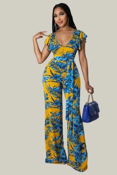 $ 54.99 Stretch jumpsuit V neck Short sleeves Wide legs Back cutout Self tie waist Self tie closure 95% polyester 5% spandex Jumpsuit Fitted, Stretch Jumpsuit, Overall Jumpsuit, Backless Jumpsuit, Short Sleeve Jumpsuits, Jumpsuits And Romper, Plus Size Jumpsuit, Yellow Print, Jumpsuit With Sleeves