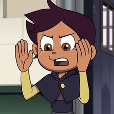 a cartoon character holding his hands up in front of his face