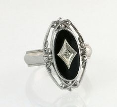 Antique Vintage Estate 14K White Gold Genuine Diamond & Black Vintage Black Diamond Ring With Diamond Accents, Estate Silver Oval Jewelry, Oval Black Enamel Art Deco Rings, Art Deco Black Enamel Oval Ring, Anniversary White Gold Rings With Black Enamel, Vintage Diamond Rings With Black Enamel, Vintage Black Enamel Wedding Rings, Classic Black Enamel Wedding Rings, Silver Diamond Rings With Black Enamel