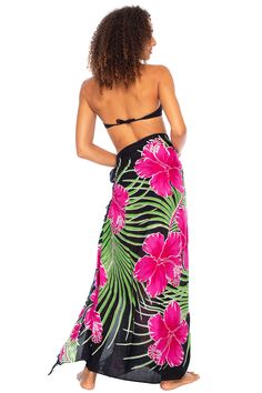 HAWAIIAN PARROT SARONG. Striking parrot sarong wrap with vibrant tropical colors gives you an exotic look and feel. Trimmed with boho fringed edges. Includes a coconut clip for easy tying GENEROUSLY SIZED at 67x 45, this swimsuit cover up fits most sizes. Wear it as a sarong skirt, wrap as a pareo dress, or wear as a shawl. Use for a beach blanket, tablecloth, even a colorful wall hanging 100% RAYON. With a soft, silky feel, rayon is a natural fiber that lets skin breathe. This bathing suit or b