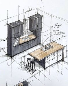 an architectural drawing of a kitchen with stools