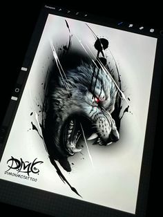 a computer screen with an image of a wolf on it's face and red eyes