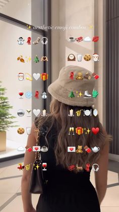 the back of a woman's head wearing a hat with many pins attached to it