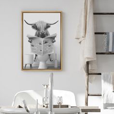 a cow is reading a newspaper while sitting on a toilet in a bathroom with white walls