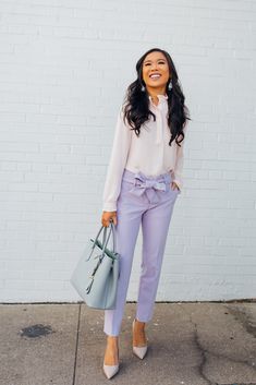 Monochromatic Outfit Street Style, Winter Lavender, Lavender Outfits, Lavender Outfit, Lavender Pants, Pants Outfit Work, Pastel Outfits, Grandmillenial Style, Grandmillennial Style