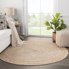 a living room with a white couch, rug and potted plant on the floor