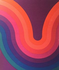 an orange, blue, and pink abstract painting with wavy lines on the bottom half of it