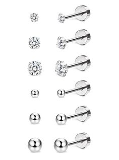 six pairs of studs with different shapes and sizes