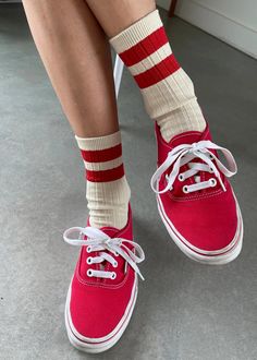 A bold varsity stripe is timeless and always a classic. Her Varsity Socks is a varsity striped version of the OG Her Socks which are classically ribbed, perfect height, cotton blend durable, chic go to socks. Add an understated sporty touch to any look with this bold stripe contrast version of Her Socks. She loves to be worn with a mini skirt, plaids, and oversized cable knit sweaters. 80% Cotton 18% Poly 2% spandex Machine wash cold Cheap Fitted Red Socks, Cheap Casual Red Socks, Fitted Red Socks Cheap, Cheap Comfortable Red Socks, Hot Chocolate Coffee, Free Tote, Bold Stripes, Clothing Essentials, Vintage Shoes