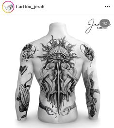 the back of a man's body with tattoos on it