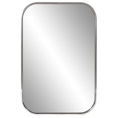 a mirror that is on the wall in front of a white background with silver trim