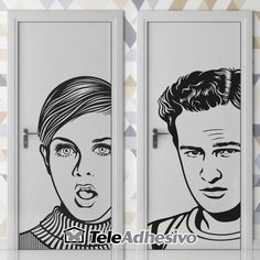 two doors with the faces of people on them, one is painted black and white