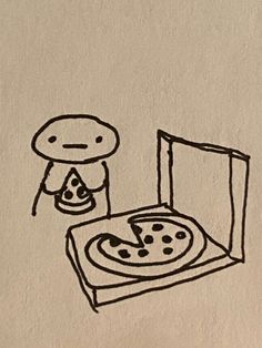 a drawing of a pizza box with a slice taken out of it and a person in the background