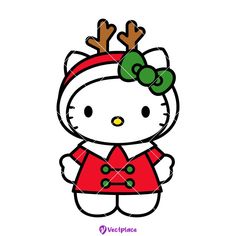 a hello kitty with reindeer antlers on her head and red dress, standing in front of a white background