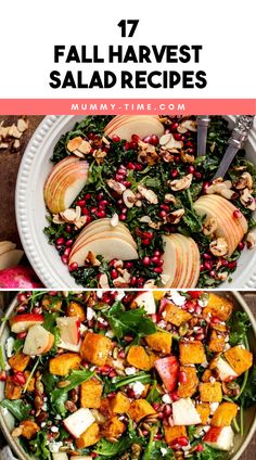 an image of fall harvest salad recipe with apples, spinach and pomegranates