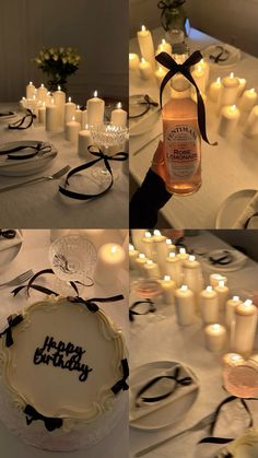 a table topped with lots of candles next to a cake