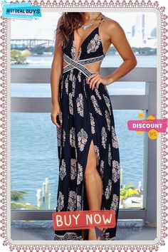 Fashion Bohemian Print Backless V Neck A Line Dresses Bohemian Beach Dress With Split, Bohemian Split Dress For Vacation, Chic Split Dress For Beach Season, Bohemian Split Beach Dress, Floral Print Split Beach Dresses, Beach Dress With Floral Print And Split, Bohemian Split Maxi Dress For Party, Bohemian Split Dress For Party, Bohemian Split Dresses For Beach Season