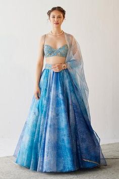 Shop for Cedar and Pine Blue Organza Foil Print Lehenga Set for Women Online at Aza Fashions Shaded Lehenga, Print Lehenga, Foil Prints, Blue Organza, Indian Outfits Lehenga, Organza Lehenga, Wedding Lehenga Designs, Gaun Fashion, Blue Lehenga