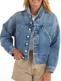 Casual look denim jacket. European design. Buttons down front closure. Pockets on front. 65% Cotton and 35% polyester blend fabric. Frayed hem. Color may be lighter or darker depending of the device it is displayed. Fall Denim Jacket, Outfit Comfortable, Romper And Jacket, Fall Denim, Jean Jacket Women, Blue Jean Jacket, Jeans Jacket, European Design, Trendy Fall