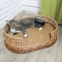 a cat laying in a wicker bed on the floor