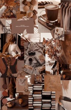 a collage of photos with coffee, books and other things on it's surface