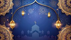 an ornate blue background with lanterns and lights hanging from the ceiling in front of a mosque