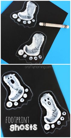 two pictures of footprints and a pen on top of a black paper with the words footprints ghost