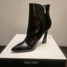 Nine West Black Patent Leather Booties; Brand New; Never Worn; Size 8.5m Modern Black Boots With Pointed Toe, Modern Black Boots For Night Out, Sleek Black Ankle Boot Heels, Black High Heel Booties For Work, Patent Leather Ankle Boots For Night Out, Black Booties For Office Wear, Patent Leather Almond Toe Boots For Night Out, Black Pointed Toe Booties For Formal Occasions, Edgy Patent Leather Evening Boots