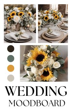 wedding mood board with sunflowers, roses and greenery in shades of yellow