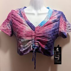 Soft Polyester And Spandex Top. Textured. Ties In Front. Purple And Pink Colors Casual Tie Dye Crop Top For Spring, Trendy Purple Tops For Festival, Casual Purple Crop Top For Beach, Casual Purple Festival Tops, Stretch Purple Tops For Festival, Stretch Purple Top For Festival, Casual Purple Crop Top, Blue White Top, Bandeau Crop Top