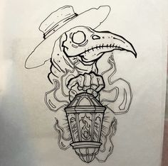 a drawing of a skeleton in a hat holding a lantern with a skull on it