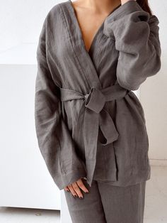 "Weathered wood linen kimono jacket. Choose size: XS Bust 82 - 84 cm. ( 32 1/4\" - 33\") Waist 66 - 68 cm. / (26\" - 26 3/4\") Hips 90 - 92 cm. / (35 1/2\" - 36 1/4\") S Bust 86 - 88 cm. ( 33 3/4\" - 34 3/4\") Waist 70 - 72 cm. / (27 3/4\" - 28 1/4\") Hips 94 - 96 cm. / (37\" - 37 3/4\") M Bust 90 - 92 cm. ( 35 1/2\" - 36 1/4\") Waist 74 - 76cm. / (29 1/4\" - 30\") Hips 98 - 100 cm. / (38 1/2\" - 39 1/4\") L Bust 94 - 96 cm. ( 37\" - 37 3/4\") Waist 78 - 80 cm. / (30 3/4\" - 31 1/2\") Hips 102 - Fall Long Sleeve Linen Kimono, Long Sleeve Linen Kimono For Loungewear, Kimono And Pants Set, Kimono Linen, Kimono Set, Loose Kimono, Linen Kimono, Wrap Jacket, Linen Jackets