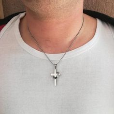 Cross necklace for men.This piece of jewelry is crafted in a high polish finish. Pendant features a satin finish cross with a matching ring. Cross pendant hangs from a 2mm bead chain necklace. Pendant and chain made in Italy.Message card of Holy Lady from Medjugorje included.***NOTE: We also have Custom Gift Cards, all You need to do after purchase isto send us message via "note to seller" with text You would like to write on Gift Card :)Feel free to contact me if you have questions or any speci Catholic Cross Necklace, Black Cross Necklace, Saint Necklace, Blessing Bracelet, Catholic Necklace, Custom Gift Cards, Mens Cross Necklace, Christian Jewelry, Matching Rings