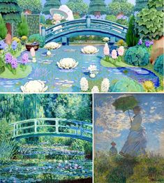 four different paintings of women with umbrellas and water lilies in the park, one is