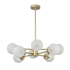 a brass chandelier with five white glass balls hanging from the bottom, on an isolated