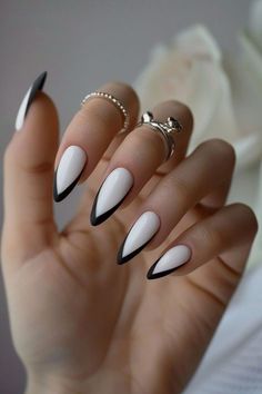 Black And White Minimal Nails, Nail Design White And Black, Nails French Ideas Black, Grey And Black French Nails, White Black French Nails, White Nails Black Accent, Milky Nails Black French, Tuxedo French Tip Nails, Hot Almond Nails