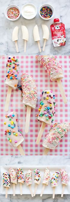 ice cream pops with sprinkles and toppings on a pink checkered tablecloth