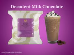 a chocolate milkshake next to a bag of decadent milk chocolate