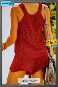 Round Neck Knit Sleeveless Two Pieces Sets Fall Sleeveless Knitted Tank Top, Fall Knitted Sleeveless Tank Top, Sleeveless Knit Top For Beach In Fall, Casual Tank Sweater Vest For Vacation, Casual Knit Sleeveless Sweater Vest, Casual Knit Sweater Vest Sleeveless, Sleeveless Knit Top For Vacation, Casual Sleeveless Knit Top For Beach, Casual Sleeveless Sweater Vest For Vacation