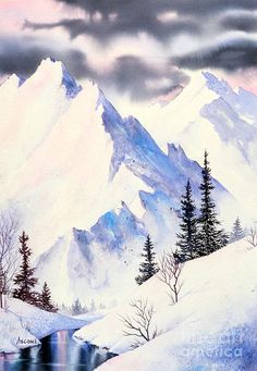 a painting of snow covered mountains and trees