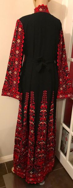 2 Piece Black Dress/ Abaya/ Kaftan/ Thobe and matching belt | Etsy Red Embroidered Floor-length Maxi Dress, Traditional Red Embroidered Maxi Dress, Traditional Embroidered Red Maxi Dress, Traditional Maxi Abaya With Floral Embroidery, Traditional Black Maxi Dress, Traditional Black Abaya With Floral Embroidery, Festive Embroidered Red Maxi Dress, Black Kaftan With Traditional Patterns For Eid, Red Embroidered Maxi Dress