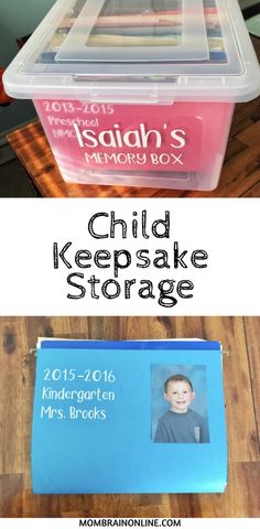 a plastic container filled with children's keepsakes and the words child keepsake storage