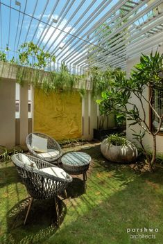 an outdoor patio with wicker furniture and plants