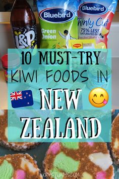 some food that is sitting on top of a table with the words 10 must try kiwi foods in new zealand