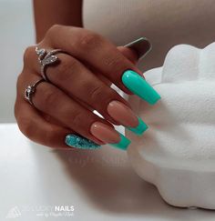 33 Pretty Turquoise French Tip Nails To Try Turquoise Nails Designs Aqua, Turquoise French Tip, Turquoise French Tip Nails, Turquoise Acrylic Nails, Neon Blue Nails, Blush Pink Nails