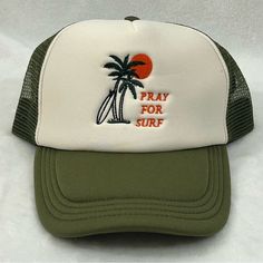 Pray For Surf Embroidered Olive Green White Surfer Trucker Mesh Snapback Hat Cap Brand New With Tags. Made By Jack’s Surfboards. Olive Green & White With Embroidered Logo. Pray For Surf Trucker Mesh Back Snap Back Hat Cap. #Surf #Surfing #Beach #Skate #Skateboarding Really Nice Looking Hat. Please See All Pictures For Details Surf Essentials, Surf Hat, Adidas Snapback, Pray For Surf, Red Beer, Daytona Beach Bike Week, Surf Logo, Surf Hats, Leather Baseball Cap