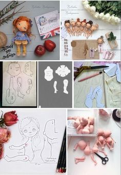 several different pictures with paper dolls and flowers on the top one is cut out to look like children's drawings