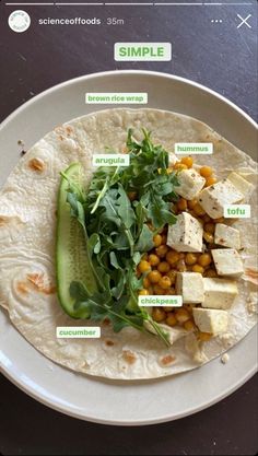 a white plate topped with a tortilla covered in veggies and tofu