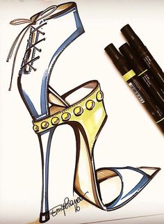 a drawing of a high heeled shoe and three markers